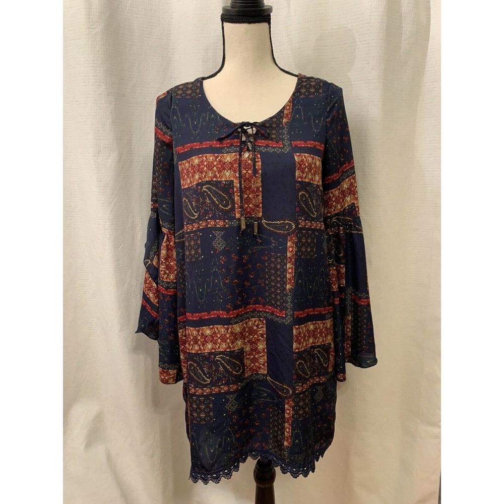 Rue 21 Womans Boho Navy Blue Paisley Dress Lace Hem Bell Sleeves Knee Length S